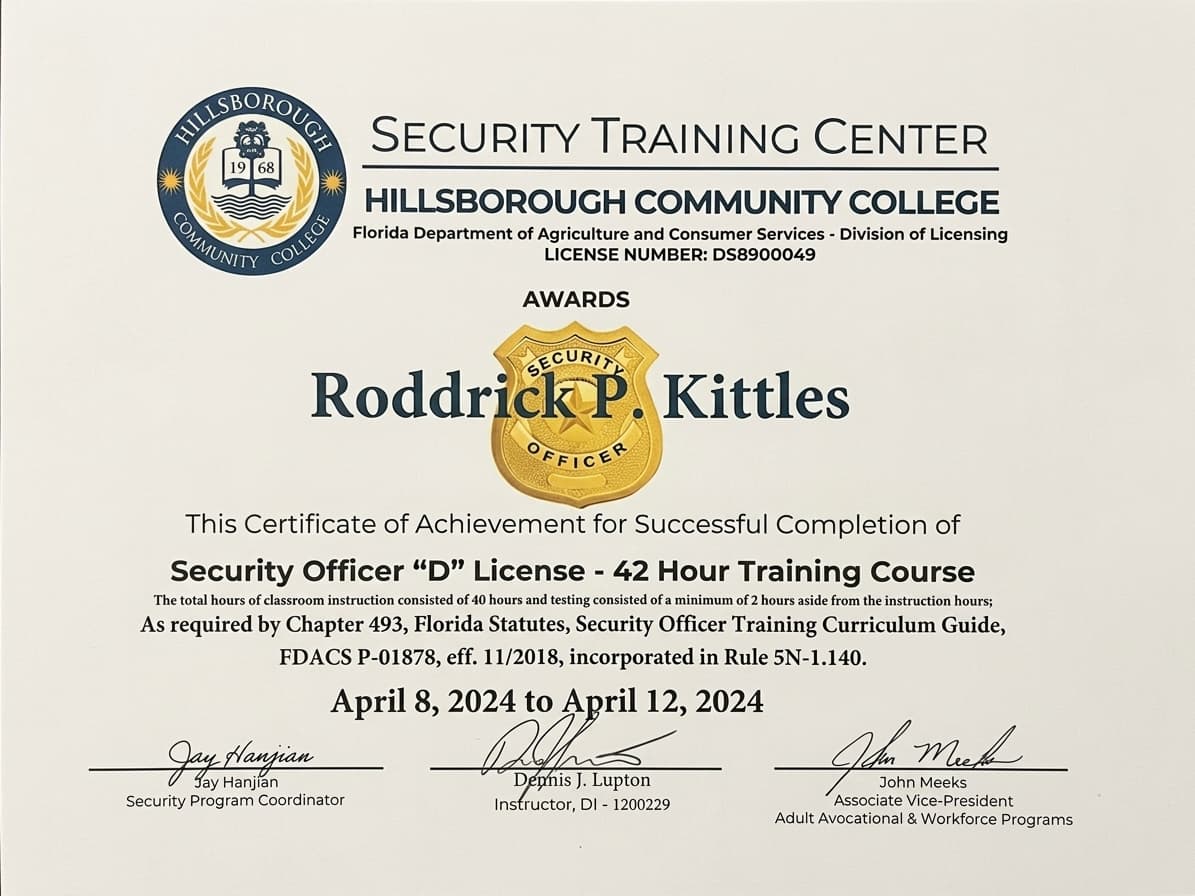 Security Officer D license certificate awarded to Roddrick P. Kittles by Hillsborough Community College in April 2024